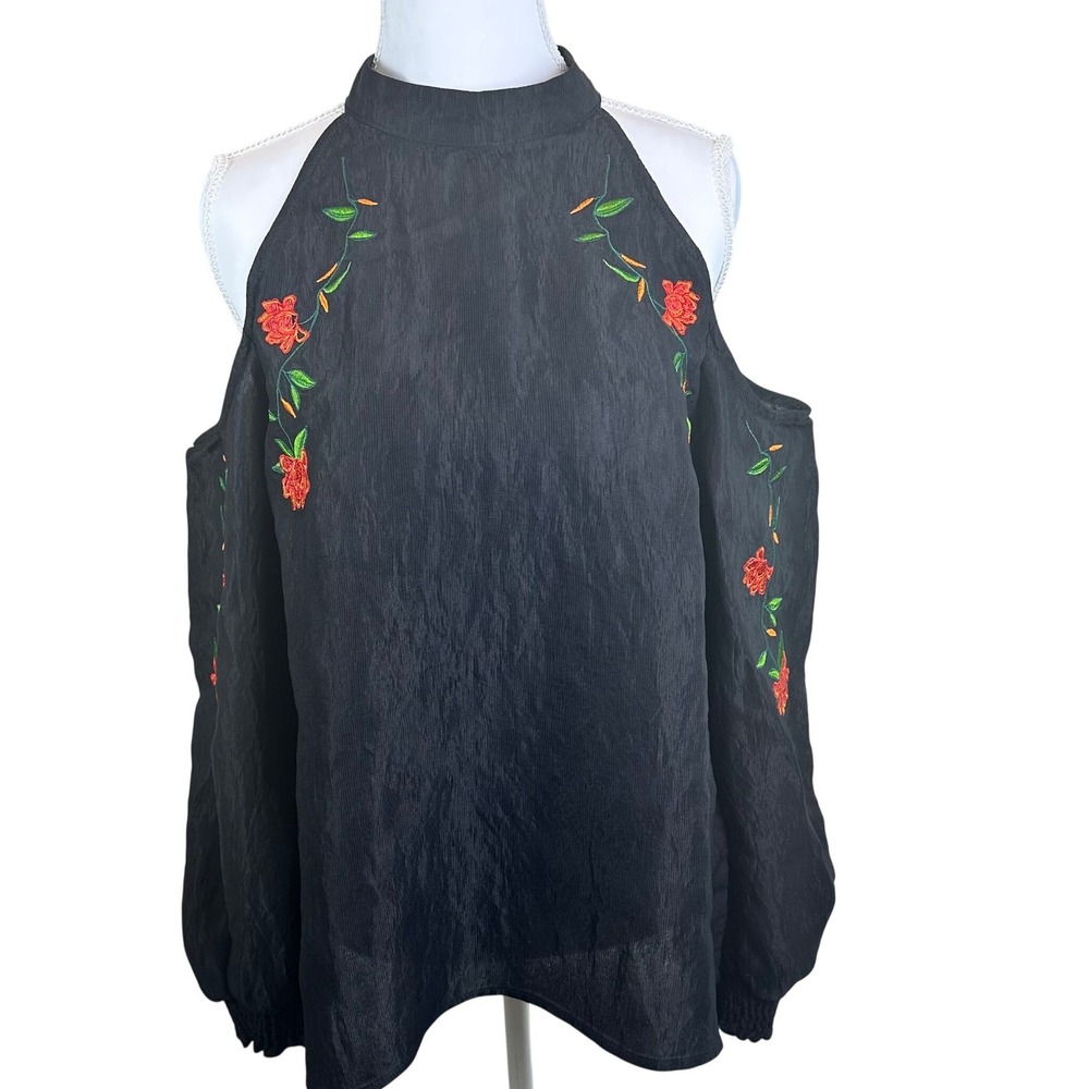 Lumiere Black Floral Embroidered Cold Shoulder High Neck Blouse Women's Medium‎ - Picture 2 of 7